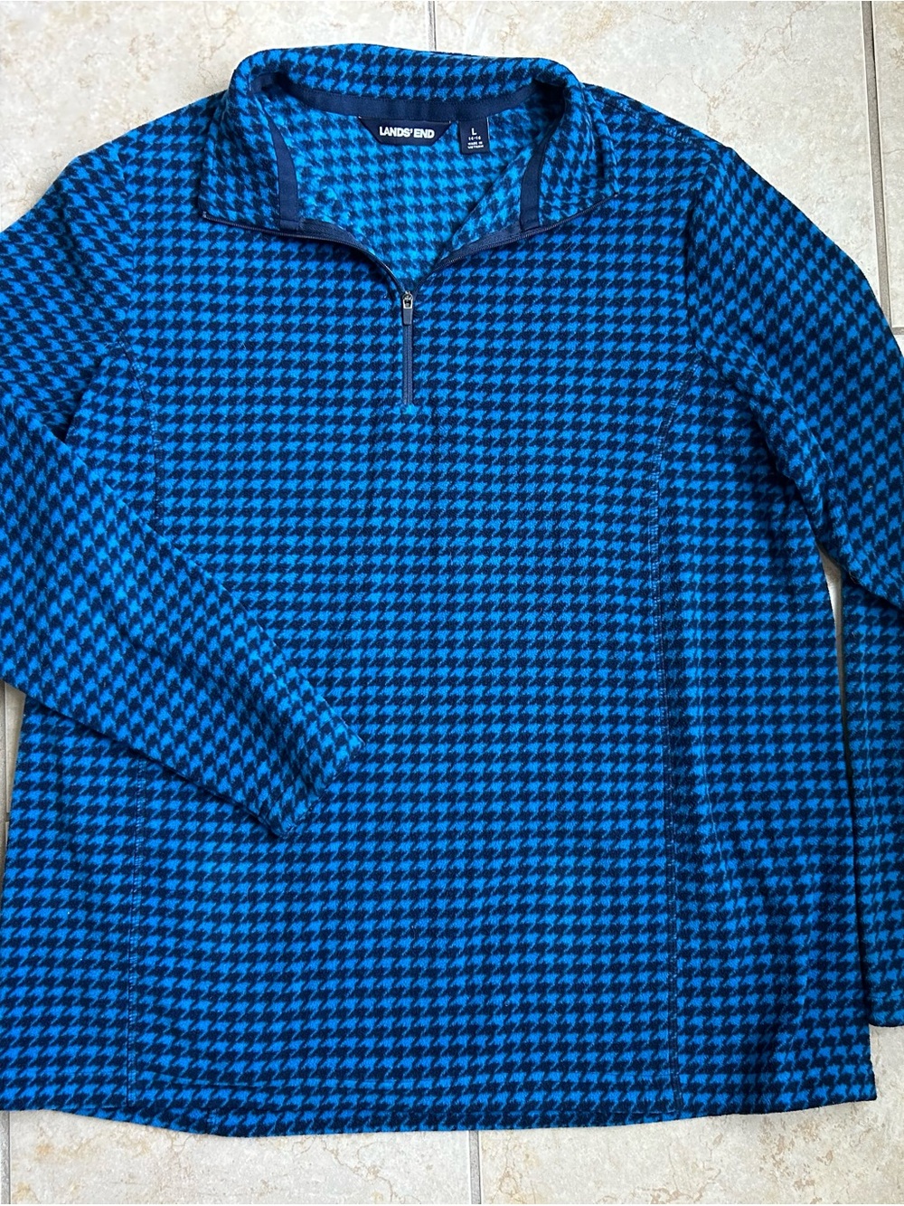 Lands End Fleece Quarter Zip, Houndstooth Blue Boys Large 14/16 Pullover